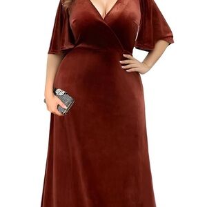 Plus Size Velvet Wrap Maxi Dress in Rust